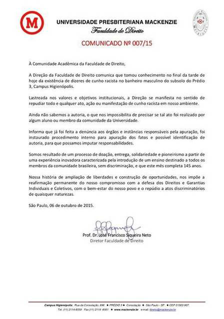 Nota de repúdio da diretoria da Faculdade de Direito da Mackenzie Foto: Reprodução / Facebook