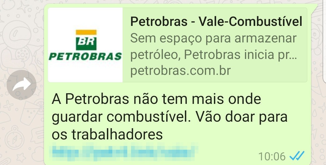 Golpe promete vale-combustível da Petrobras na pandemia de Covid-19 Texto de post que circulava pelo WhatsApp em 30 de abril de 2020