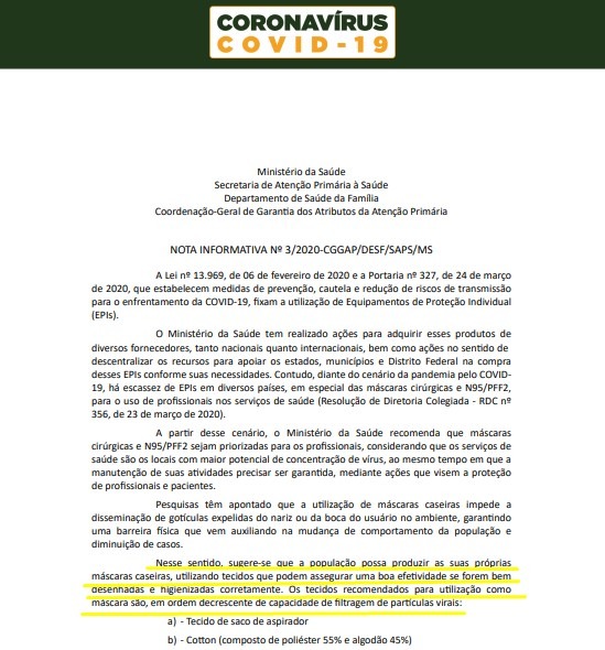Máscara de tecido: uma alternativa para se proteger Nota Oficial divulgada pelo Ministério da Saúde indica o uso de máscaras de tecido no Brasil,como uma alternativa de segurança