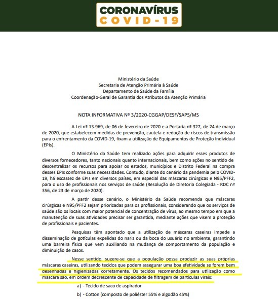 Nota Oficial divulgada pelo Ministério da Saúde indica o uso de máscaras de tecido no Brasil,como uma alternativa de segurança