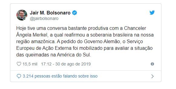 Bolsonaro e Merkel conversam sobre recursos para Amazônia