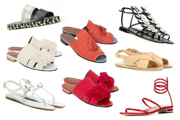 7 dos melhores: rasteirinhas para descer do salto Duas tiras Proenza Schouler (R$ 2.235); branca de dedo Roger Vivier (R$ 1.794); branca e vermelha com pompom Etoiles (R$ 665); laranja com franjas Etoiles (R$ 620); preta Fendi (R$ 3.767); cruzada Ancient Greek Sandals (R$ 637); vermelha de tiras Rene Caovilla (Foto: Reprodução)