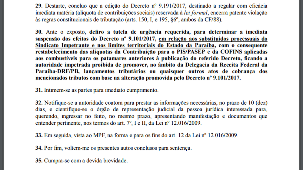 Justiça Federal suspende aumento de impostos sobre combustíveis Juiz federal determinou a suspensão imediata do aumento das alíquotas do PIS e Cofins (Foto: Reprodução/Justiça Federal na Paraíba)