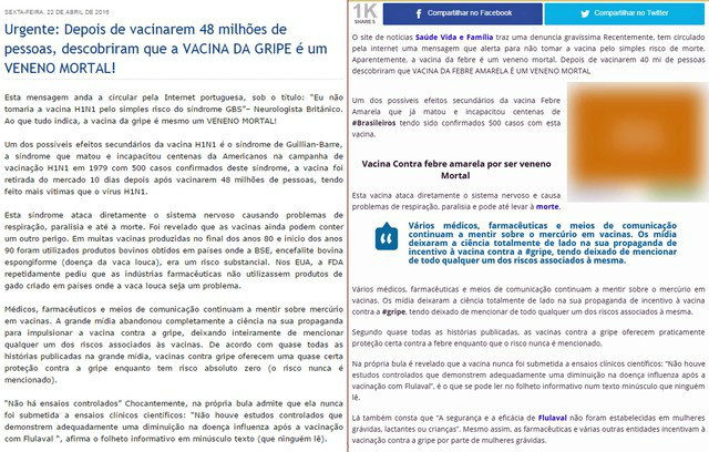 Não é verdade! Notícia diz que vacina de febre amarela é veneno mortal Texto compartilhado atualmente é praticamente igual a um postado no ano passado (Foto: Reprodução)