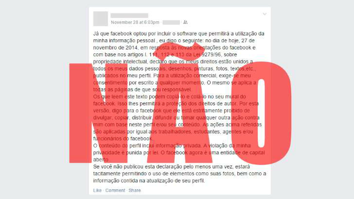 Em 2014, "aviso de privacidade" no Facebook continua sendo apenas um viral enganoso © Reprodução