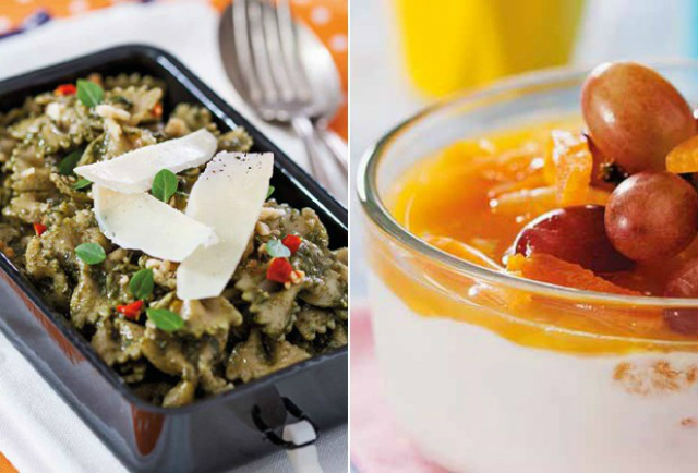 Massa ao pesto é opção para marmita leve e saudável Massa ao pesto e iogurte com frutas são opções fáceis de levar para qualquer lugar (Foto: Divulgação)