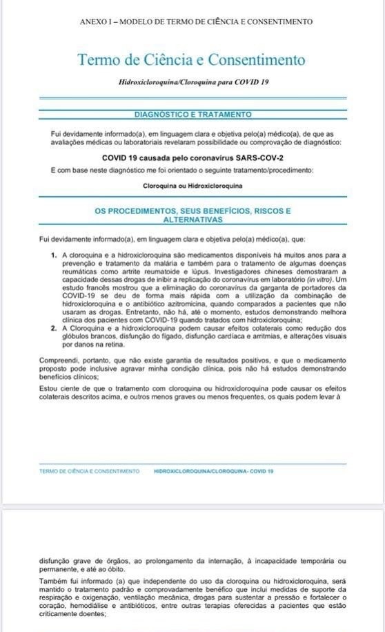 Paciente de covid-19 vai precisar autorizar uso de cloroquina Reprodução/ Ministério da Saúde