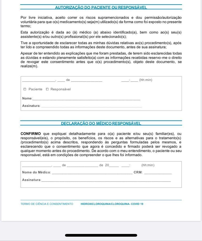 Paciente de covid-19 vai precisar autorizar uso de cloroquina Reprodução/ Ministério da Saúde