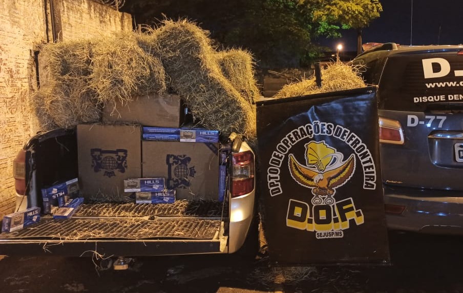 Montana com 900 pacotes de cigarros que seguia para Cuiabá é apreendida pelo DOF Cigarreiro usava feno para esconder carregamento contrabandeado. Divulgação