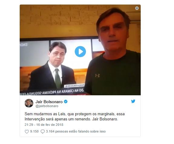 Bolsonaro opina sobre intervenção no Rio: 'Remendo'