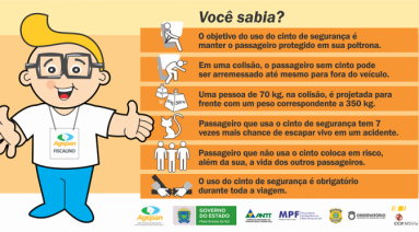 Passageiros são convidados a responder pesquisa sobre o uso do cinto em ônibus e vans nas estradas, incluindo as condições do equipamento e a orientação obrigatória das empresas.

