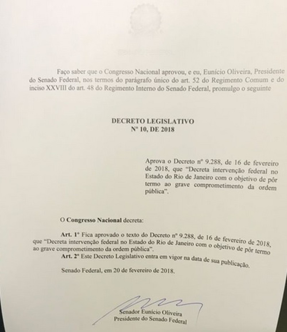 Senado aprova intervenção federal na segurança do Rio Decreto que será publicado no