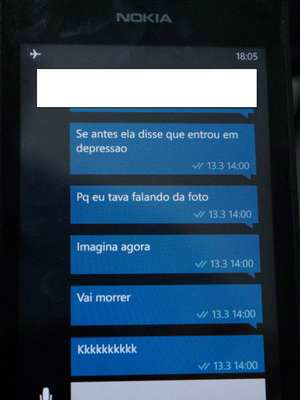 O ex-namorado da adolescente caçoa da vítima em mensagens trocadas com amigos pelo Whatsapp
Foto: Polícia Civil de Santa Catarina / Divulgação
