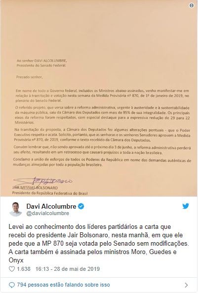 Em carta, Bolsonaro reitera pedido a senadores para não alterar MP 870 Em carta, Bolsonaro reitera pedido a senadores para não alterar MP 870