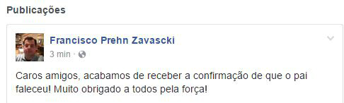 Filho confirma o falecimento do Ministro Teori Zavascki em acidente de avião no RJ Publicação Facebook do filho de Teori