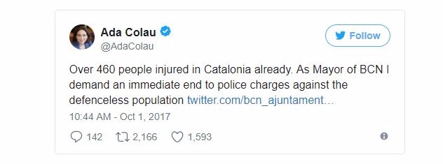 Feridos na Catalunha chegam a mais de 460, diz prefeita de Barcelona