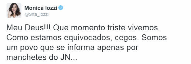 Monica Iozzi se pronuncia no Twitter: “Somos um povo que se informa apenas por manchetes do JN…”