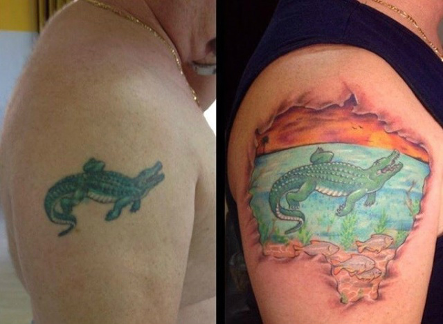 Por amor ao Estado, médico tatua no braço mapa de MS com direito a jacaré O antes e o depois da tatuagem. (Foto: Divulgação/Estúdio Kallel)