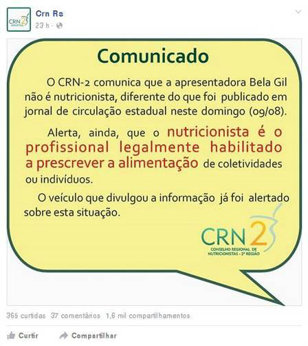 Segundo o conselho, Bela não pode exercer a profissão por não ter um diploma validado e registro no conselho da profissão Foto: Reprodução / Facebook
