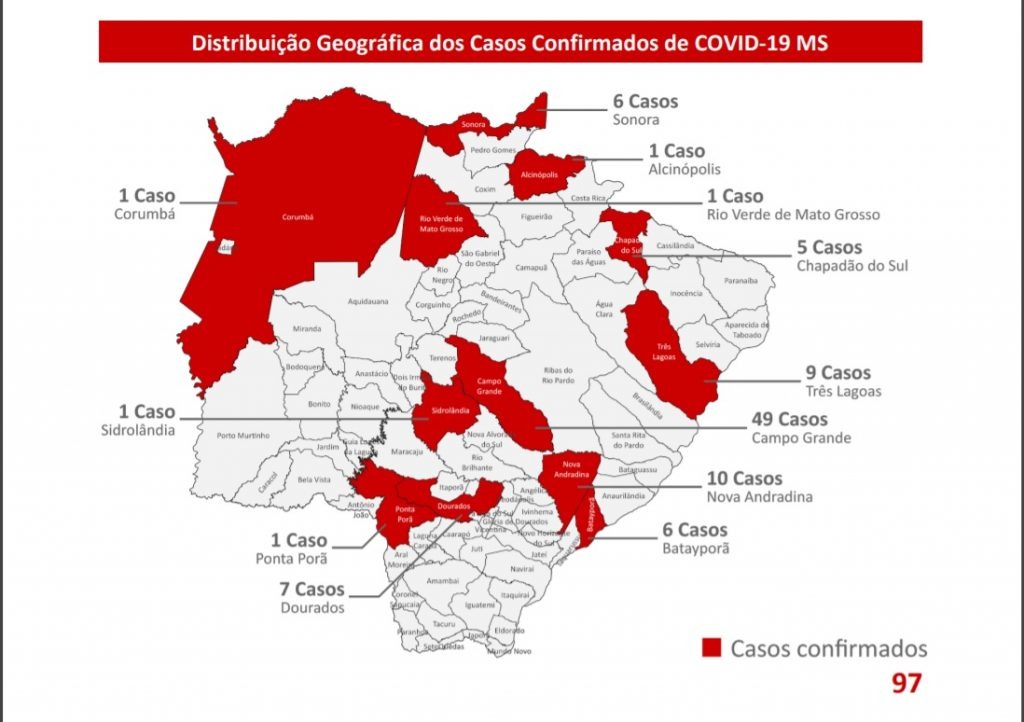 Mapa de casos confirmados em Mato Grosso do Sul atualizado de 10 de abril