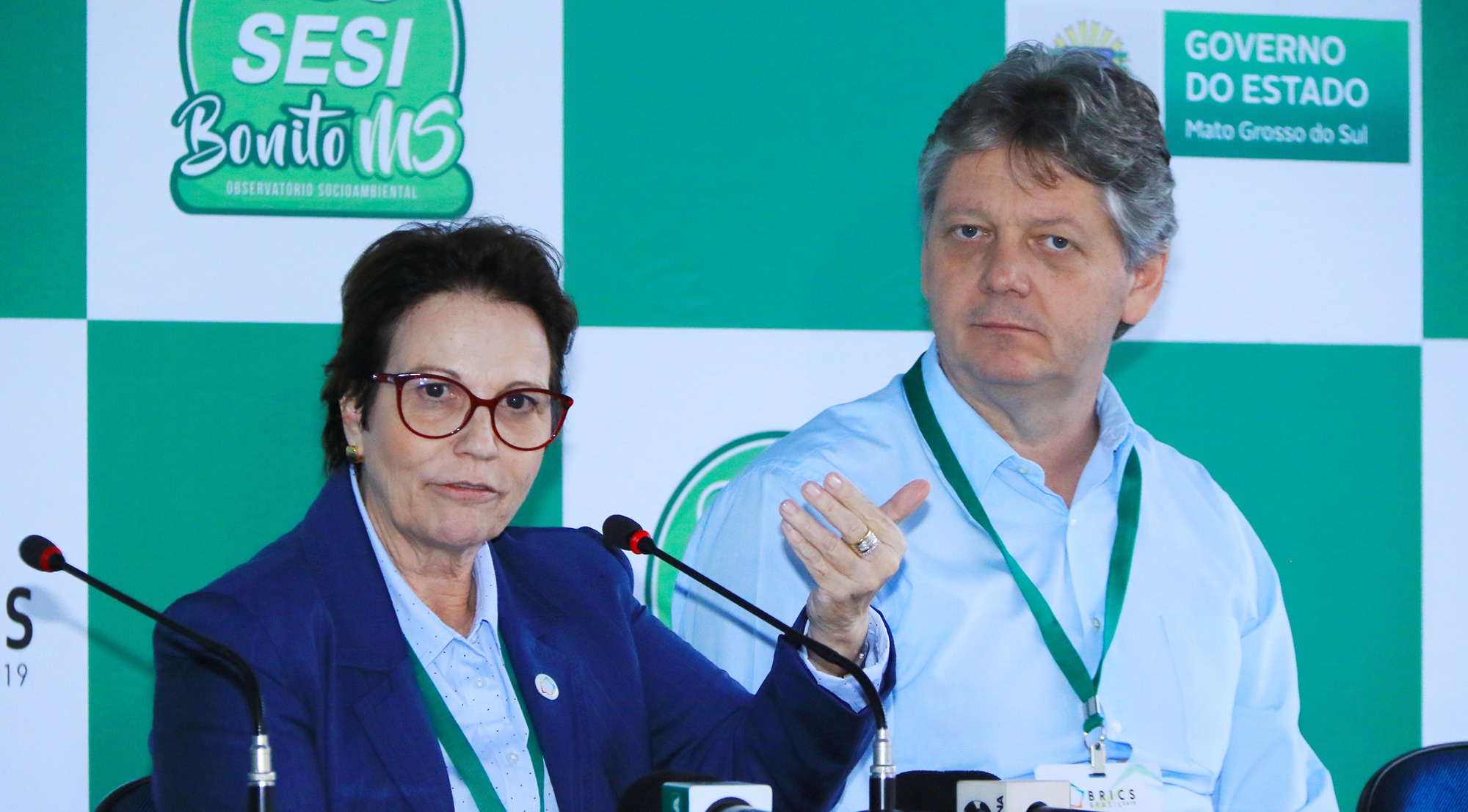 aime Verruck, da Semagro, ao lado da ministra Tereza Cristina, durante entrevista no primeiro dia da reunião do Brics. Edemir Rodrigues