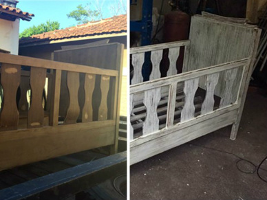 Berço de 55 anos vai ser usado pela quarta geração de família de MS Berço de 55 anos; antes na cor original da madeira imbuía e agora, reformado (Foto: Laura Mendonça/ Arquivo Pessoal)