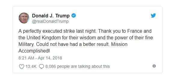 Trump agradece aliados por ataque com mísseis contra Síria: 'missão cumprida'
