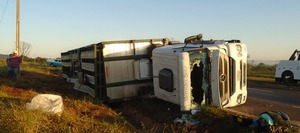 Carreta boiadeira tomba em rodovia de MS e parte do gado morre Carreta boiadeira tombada na MS-306 (Foto: PMA/Divulgação)