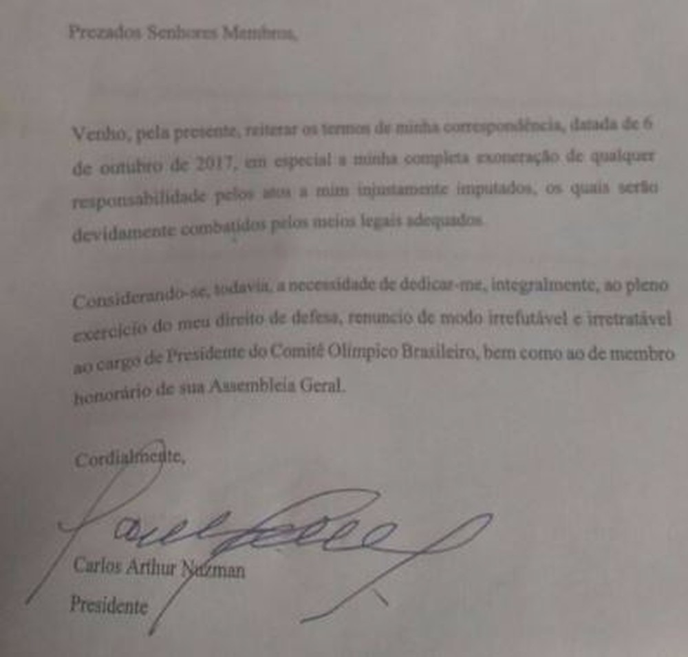 Carta de renúncia do Nuzman (Foto: G1Rio)