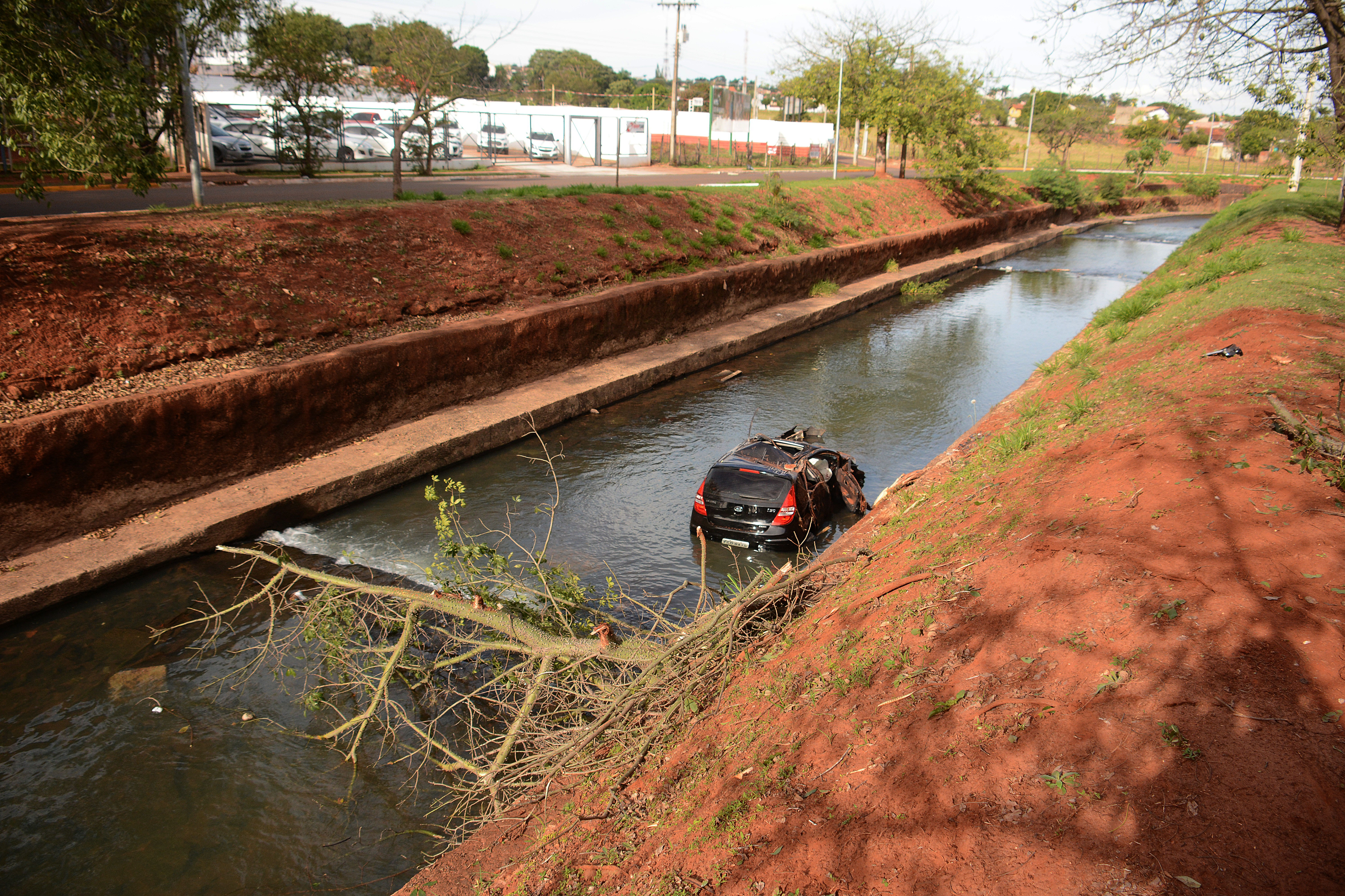 Motorista desvia de cachorro, capota e cai dentro de córrego Carro bateu em uma árvore às margens antes de cair no córrego - Foto: Álvaro Rezende