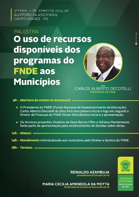 Presidente do FNDE dá palesta sobre uso de recursos na Assomasul Foto: Assomasul
