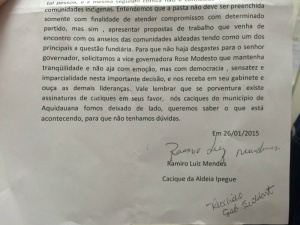 Texto de carta assinada por cacique diz que liderança não conhece nomeada para pasta