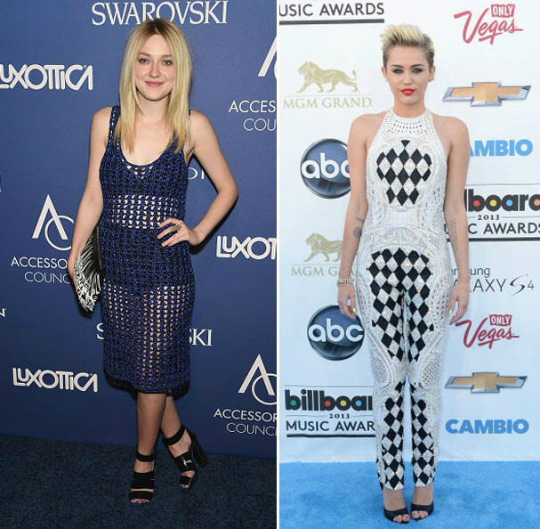 Tricô, macramê e crochê ganham força entre famosas após coleções retrô Dakota Fanning e Miley Cyrys já estão arrasando no tapete vermelho (Foto: Getty Images)