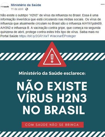 Post do Ministério da Saúde no Facebook em que desmente a existência do subtipo H2N3 do vírus influenza no Brasil - Ministério da Saúde