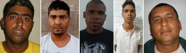 Envolvidos na quadrilha, segundo a polícia: Rafael Santos da Silva de 27 anos, vulgo Guerrinha; Claudineis da Silva Flor de 32 anos, vulgo Chumbinho; Rodrigo Ramos dos Santos de 30 anos, vulgo Macaco; Tiago Teixeira Matos de 18 anos, vulgo Vermelho e Edinei Pedroso de Moraes de 32 anos, vulgo Neno (Foto: PC/Divulgação)