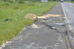 Carga de 4,5 toneladas mexe, motorista perde o controle e caminhão tomba A carga de 4,5 toneladas de resíduos de ovo ficou espalhada às margens da BR-262 (Foto: Marcelo Calazans)