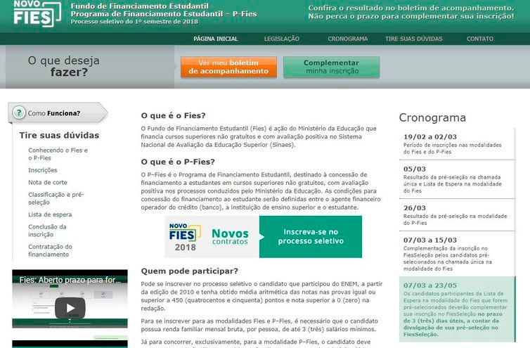Página do Fies na internet - MEC