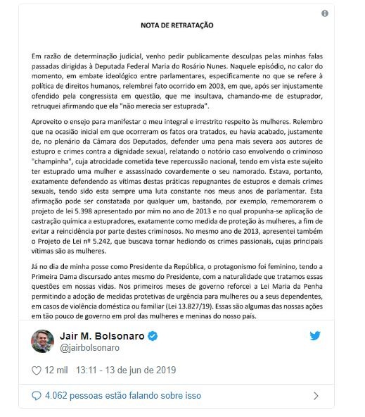 Presidente Bolsonaro pede desculpas à deputada Maria do Rosário