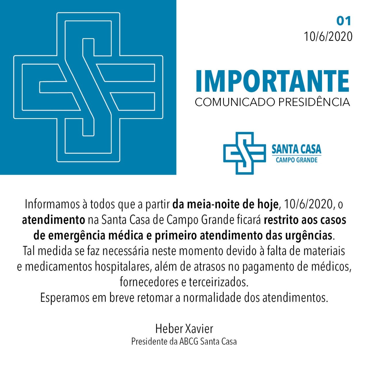 Sem materiais e pagamentos, Santa Casa vai atender somente emergência e urgência Divulgação