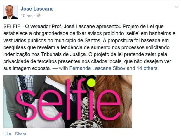 Vereador José Lascane postou sobre a proposta em seu Facebook