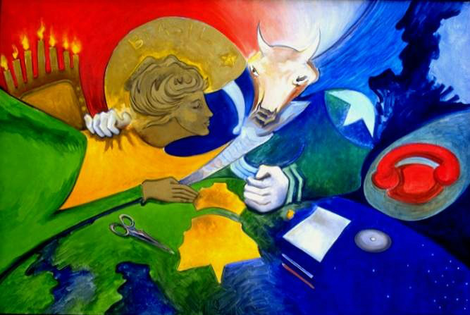 Com Humberto Espíndola relembrando a divisão do Estado, Festival será feito de história vivida e pintada Pecus e Pecúnia discutem a Divisão, 1978 – óleo sobre tela, 120x180cm (Foto: Reprodução)