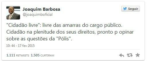 Joaquim Barbosa diz que é um cidadão livre para opinar Reprodução Twitter