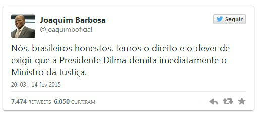 Joaquim Barbosa diz que é um cidadão livre para opinar Reprodução Twitter