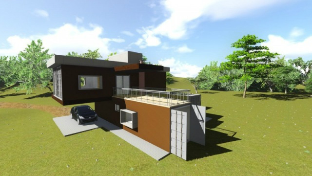 Residência com acabamento que transforma container em aspecto de casa convencional.
