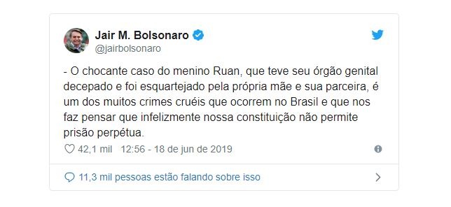 Bolsonaro defende prisão perpétua ao falar de morte de menino Bolsonaro defende prisão perpétua ao falar de morte de menino