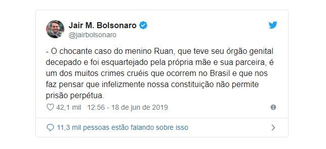 Bolsonaro defende prisão perpétua ao falar de morte de menino