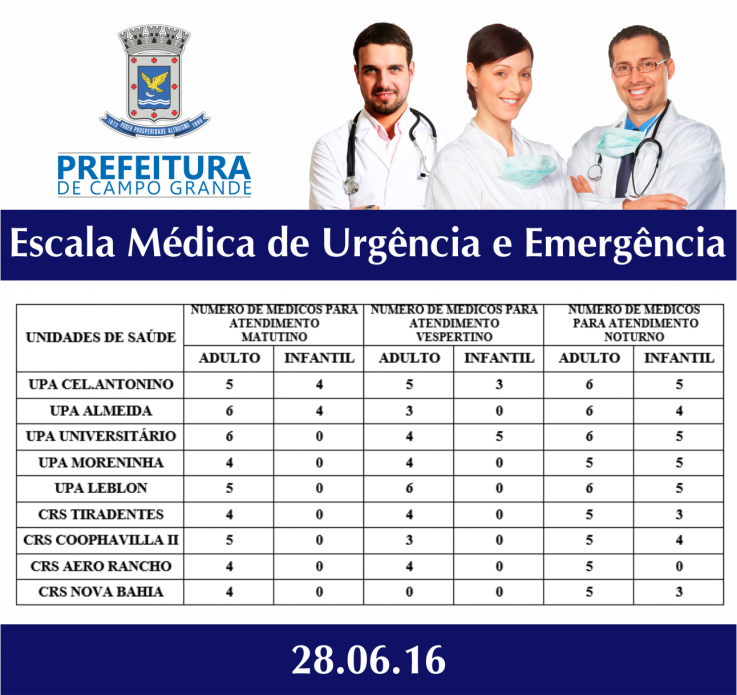 Confira a escala de médicos de urgência e emergência nesta terça-feira Confira a escala de médicos de urgência e emergência nesta terça-feira