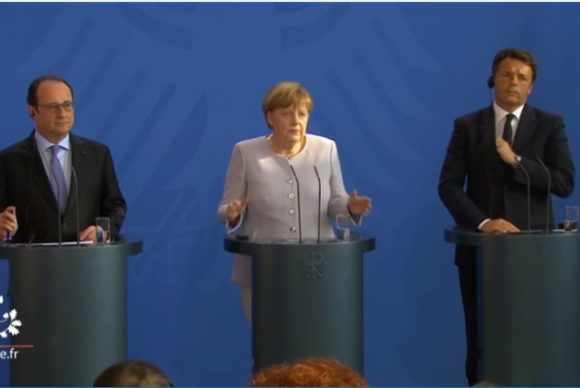 Angela Merkel: não se pode sair da UE e manter os privilégios François Hollande, Angela Merkel e Matteo Renzi fazem declaração conjunta sobre prioridades da União Europeia depois da saída do Reino Unido do blocoPresidência da República da França