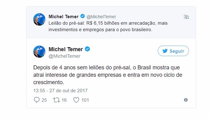 Temer sobre leilões do pré-sal: 'Brasil mostra que atrai interesse'
