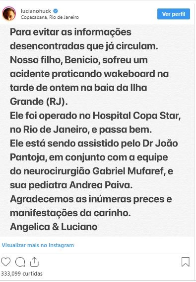 'Benicio está se recuperando', diz Luciano Huck após cirurgia do filho 'Benicio está se recuperando', diz Luciano Huck após cirurgia do filho
